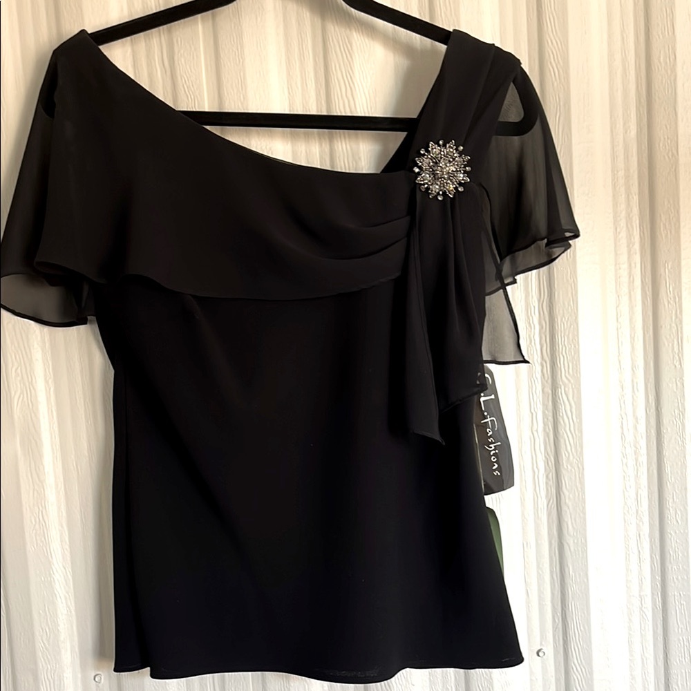 Elegant Black Ruffle Sleeved Top with Rhinestone Brooch‎ Womens 8